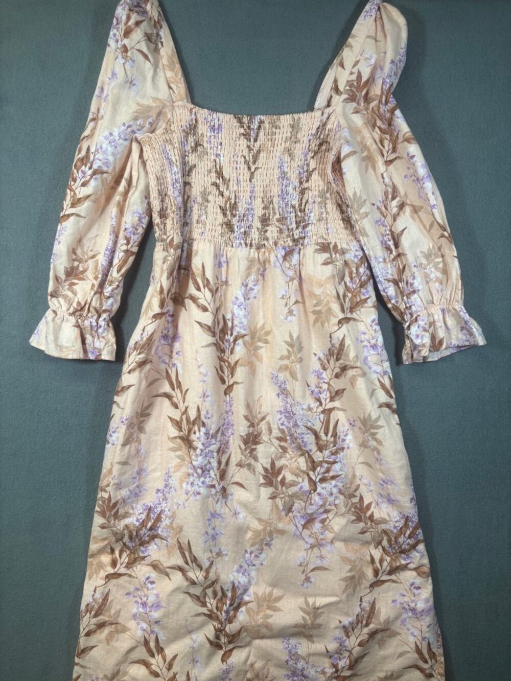 House of Harlow 1960 Smocked Floral Midi Dress Womens M Square Neck Slit